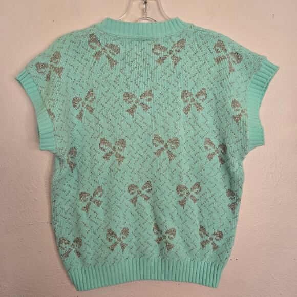 Vintage 80's Metallic Bow Print Cap Sleeve Pullover Sweater Blue Silver Retro - Picture 3 of 7